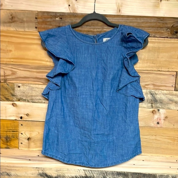J.Crew Size 00 Medium Wash Denim Ruffled Sleeveless Feminine Girlie Blouse - Picture 1 of 7